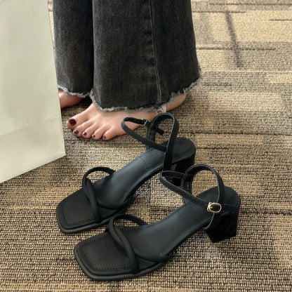Sandals, 2024 Summer New Fashion Gentle Retro Chunky Non-slip Sandals, A Line with 5cm High Heels Summer Beach Sandals