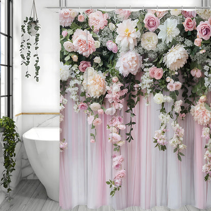 Rose Floral Pink Curtain Shower Curtain, Bathroom Decorative Shower Curtain, Waterproof Shower Curtain with Hooks
