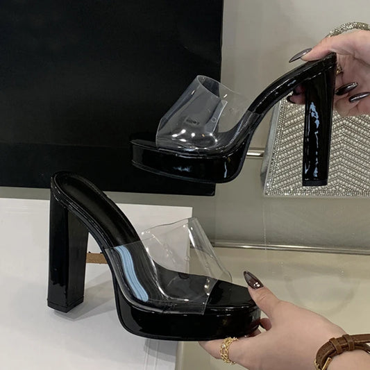 Liyke Summer Square Toe 12CM Thick High Heels Platform Slippers Ladies Chunky Sandals PVC Transparent Shoes Women Zapatos Mujer