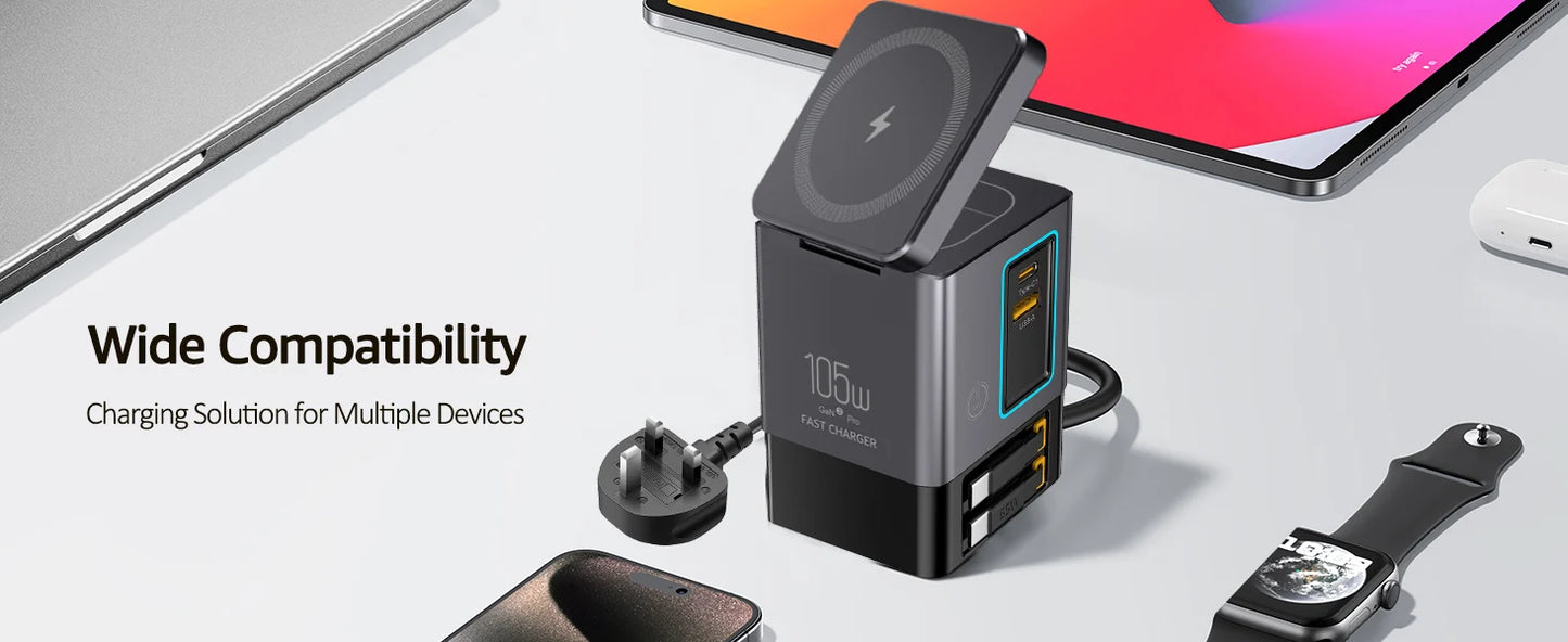 6-in-1 105W Charging Station with Retractable USB-C Cable Power Combo Tower for Multiple Devices Fast Charger for iPhone, Airpod