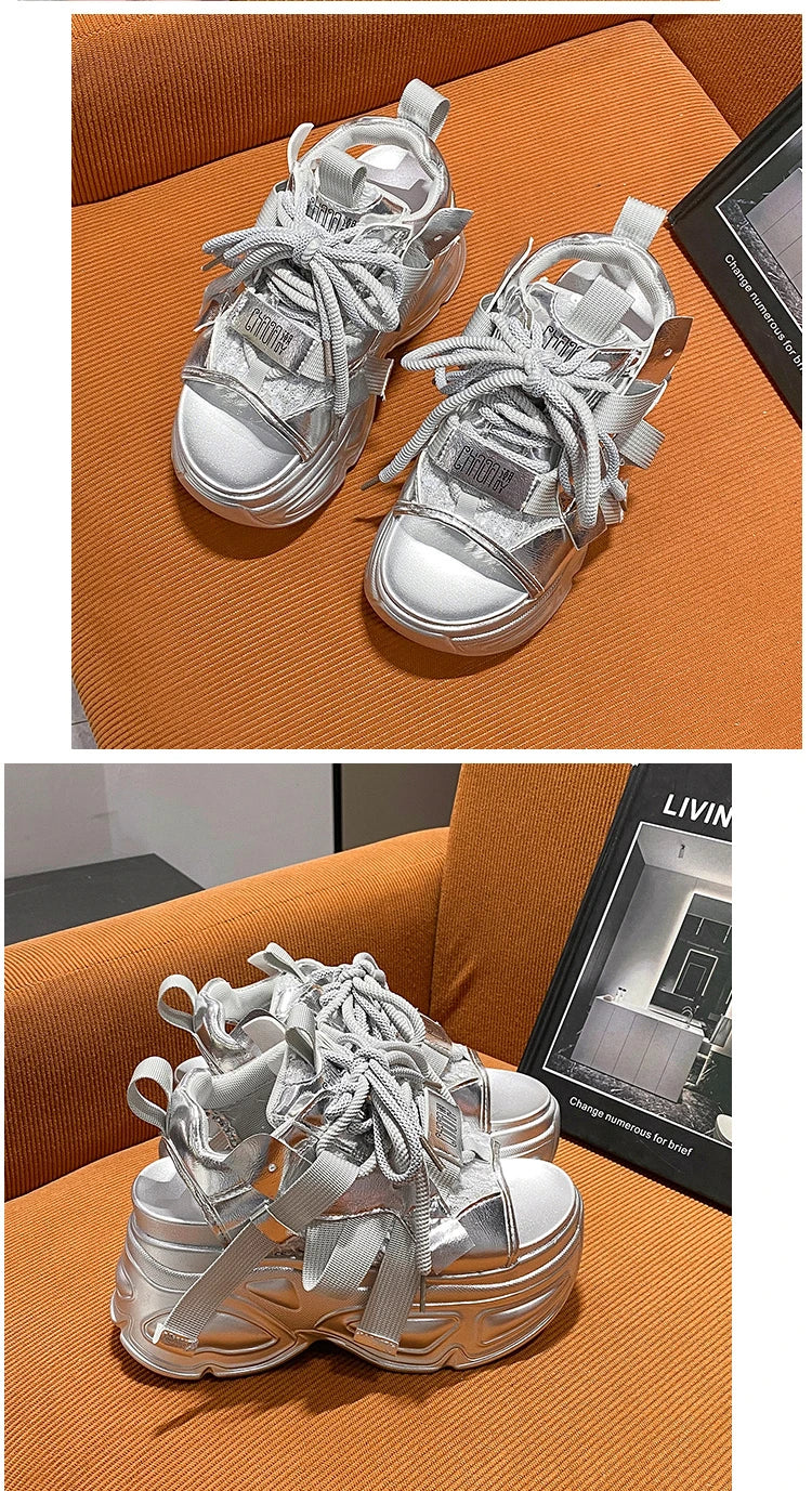 8.5cm Summer Women Leather Chunky Sandals High Platform Trainers Breathable Casual Slippers Shoes New Woman Heels Wedge Sneakers