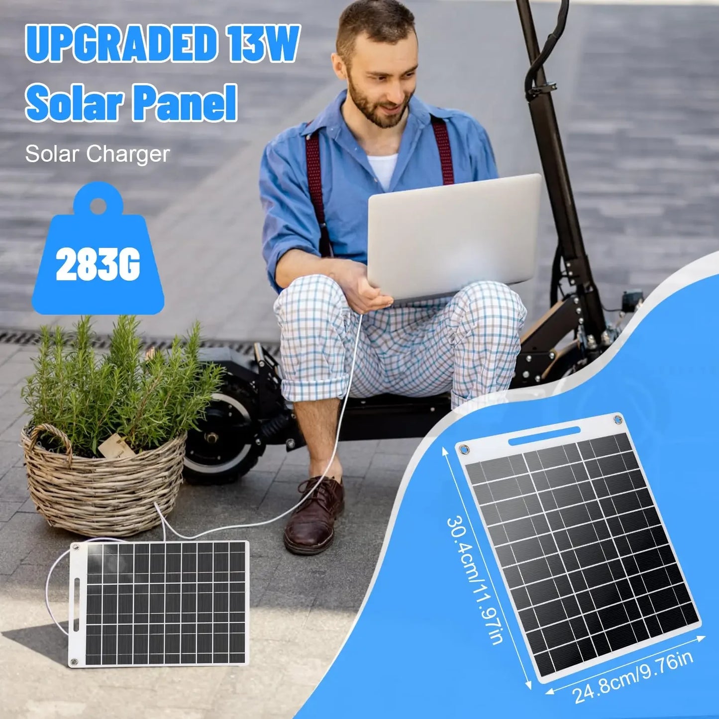 Portable solar power bank with two USB ports, suitable for outdoor camping, charging mobile phones or other electronic devices.