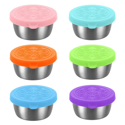 6 Pcs Set Leakproof Stainless Steel Dipping Sauce Cups Food Containers Reusable Salad Dressing Container Silicone Stretch Lids
