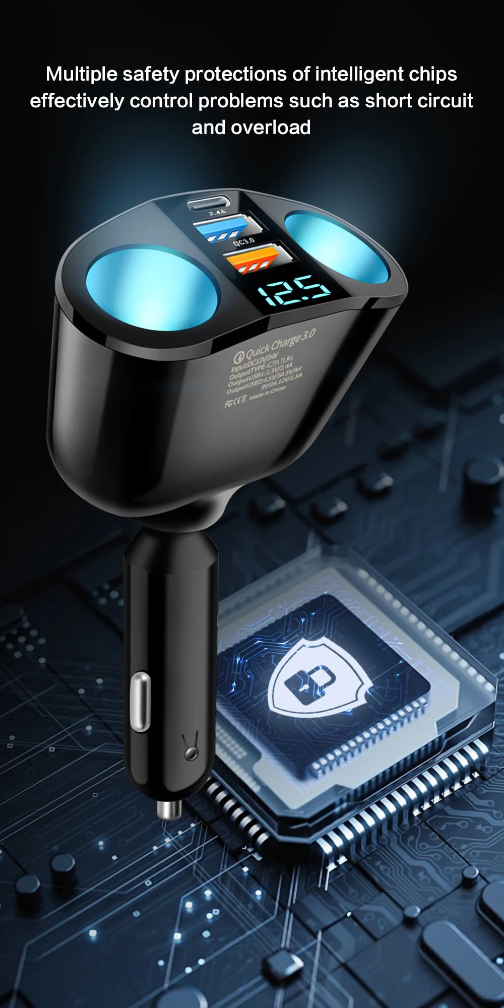 Multiple Devices Can Be Charged at the Same Time with Digital Display Car Charg Dual-port Car Charger Adapter