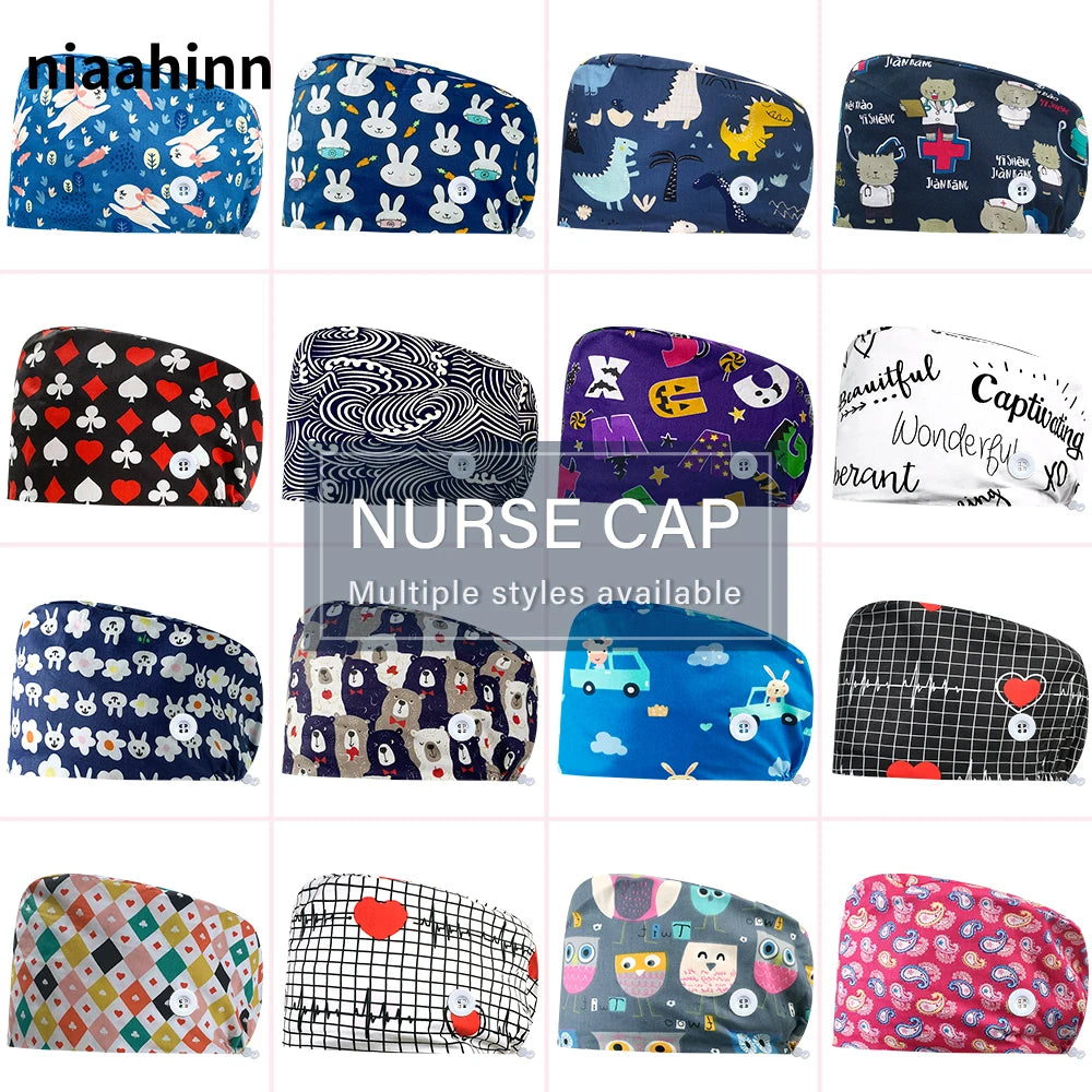 Cartoon Printed Operating Room Doctor Work Scrub Hat Pharmacy Dentistry Clinic Surgical Cap Adjustable Medical Nurse Accessories