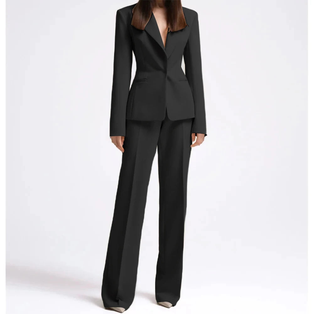 Office Lady Fashion Beige Women Suits One Button Peak Lapel 2 Piece Jacket Pants Slim Fit Smart Causal Conjuntos De Pantalones