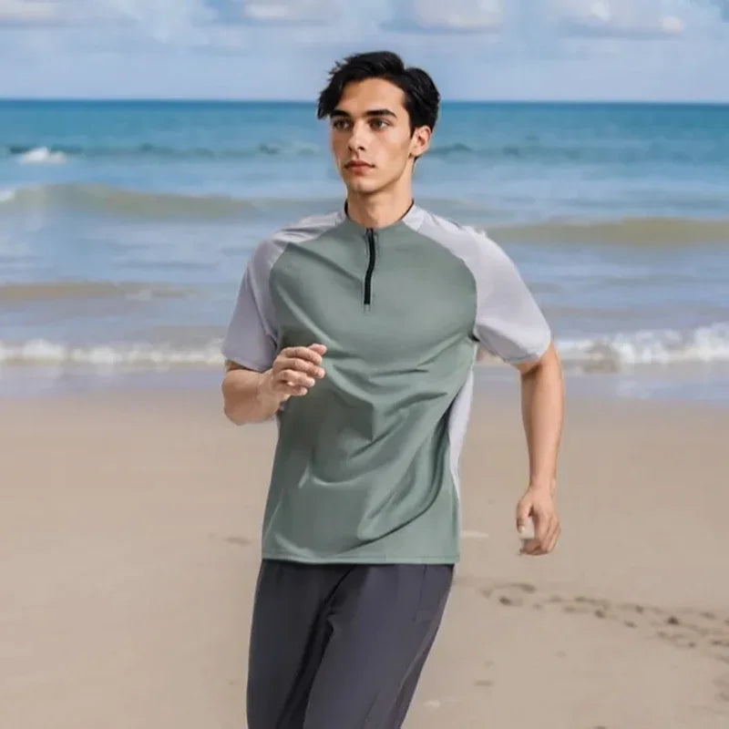 Sports T-shirt, men's half-zipper stand-up collar short-sleeved running top, summer sports training tennis clothes
