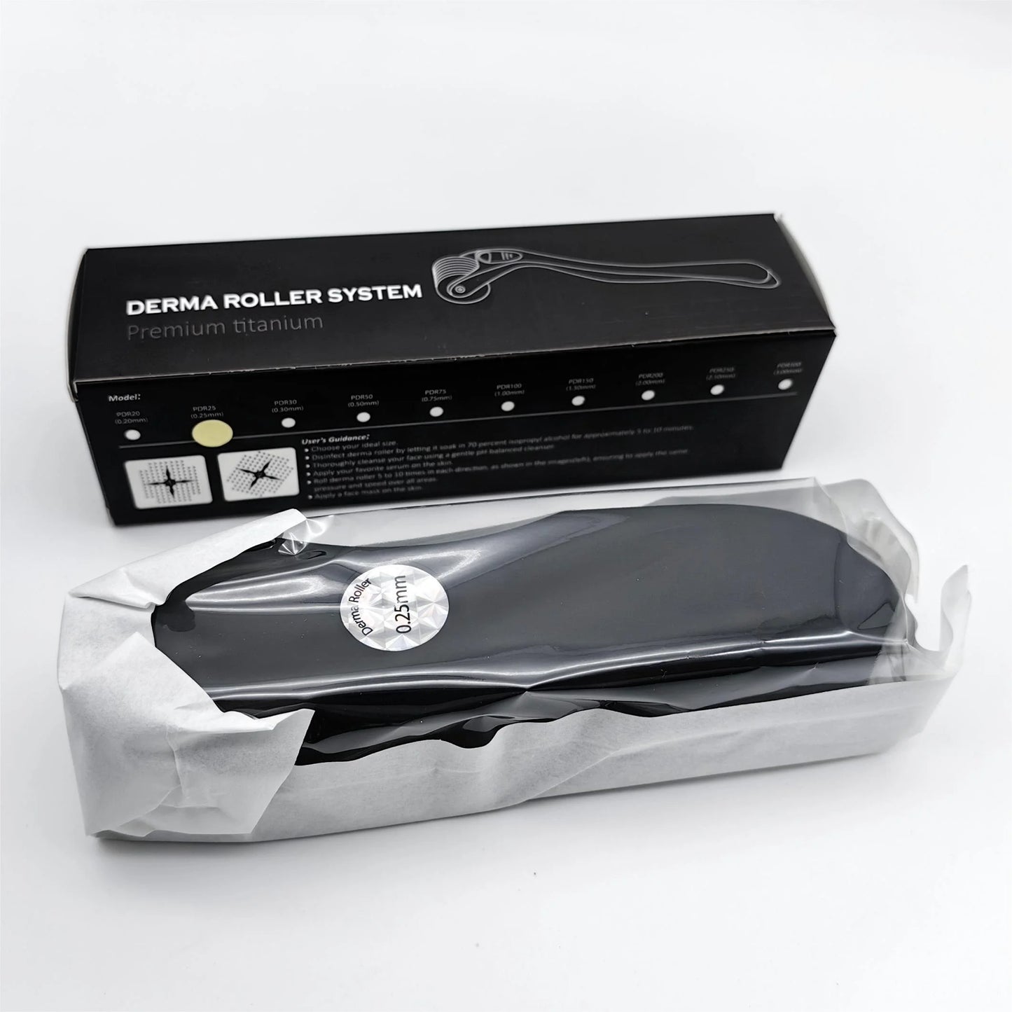 0.25mm Titanium 540 Microneedle Derma Roller for Face Hair Beard Matte Black Handle 540 Microneedle Roller