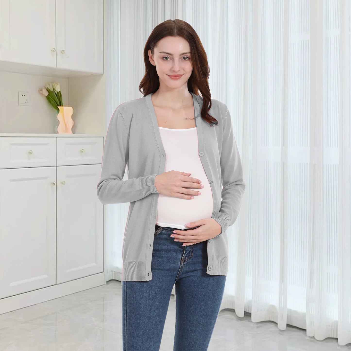 Maternity Cardigan Long Sleeve Spring Autumn Stretch Breastfeeding Clothes for Postpartum Women Nursing Coat Tops