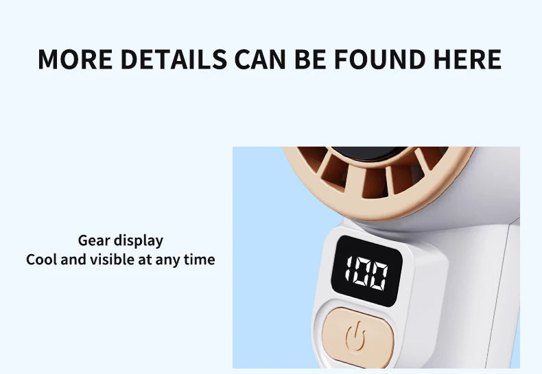 Digital display handheld fan with outdoor portability, USB rechargeable, featuring strong wind power, extended battery life.
