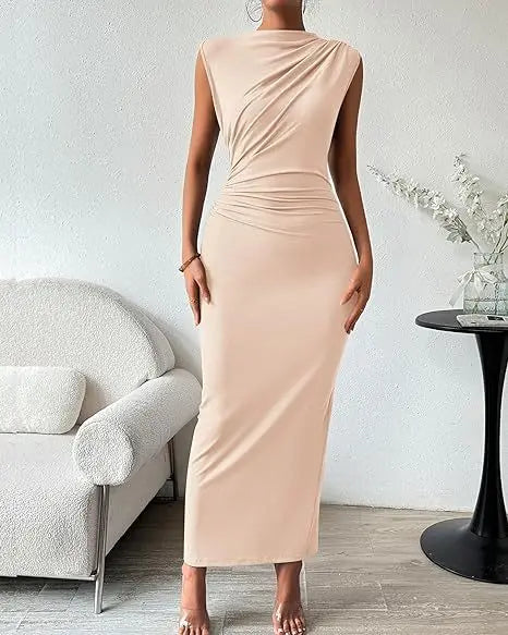 Women's Ruched Bodycon Dress Summer Casual Sleeveless Back Slit Elegant Club Evening Party Cocktail Maxi Dresses