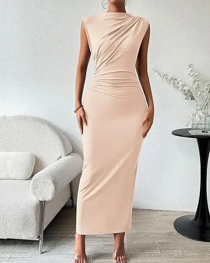 Women's Ruched Bodycon Dress Summer Casual Sleeveless Back Slit Elegant Club Evening Party Cocktail Maxi Dresses