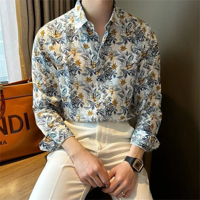 Fashion Brand Handsome High-end Slim Long-sleeved Floral Shirt for Men's New Casual and Trendy Temperament