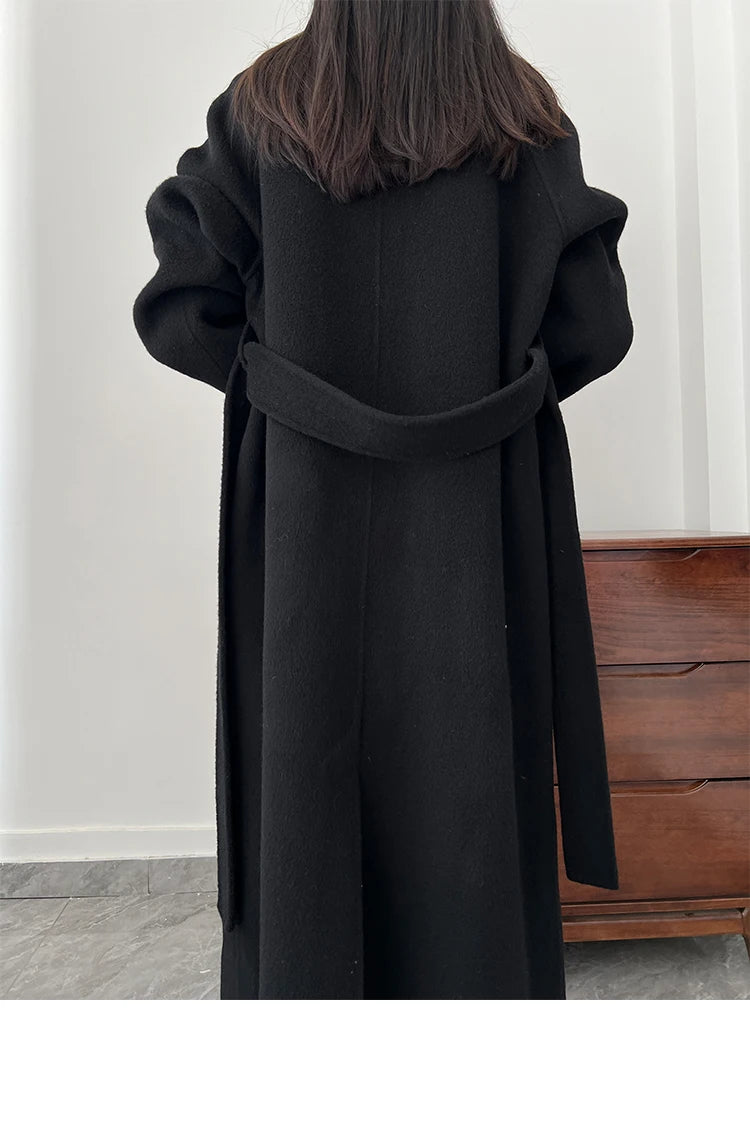 Office Lady Woolen Jackets 2024 Autumn And Winter Bathrobe Style Pocket Double-Sided Loose Lace -Up Tie Women's Long Wool Coats