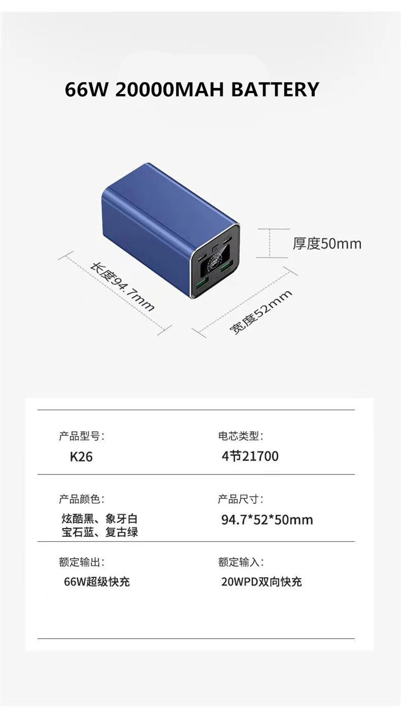 22.5W Power bank PD 200W 27000MAH 5V 9V 12V 15V 20V 5A USB QC4.0 Super Charge VOOC Li-polymer battery