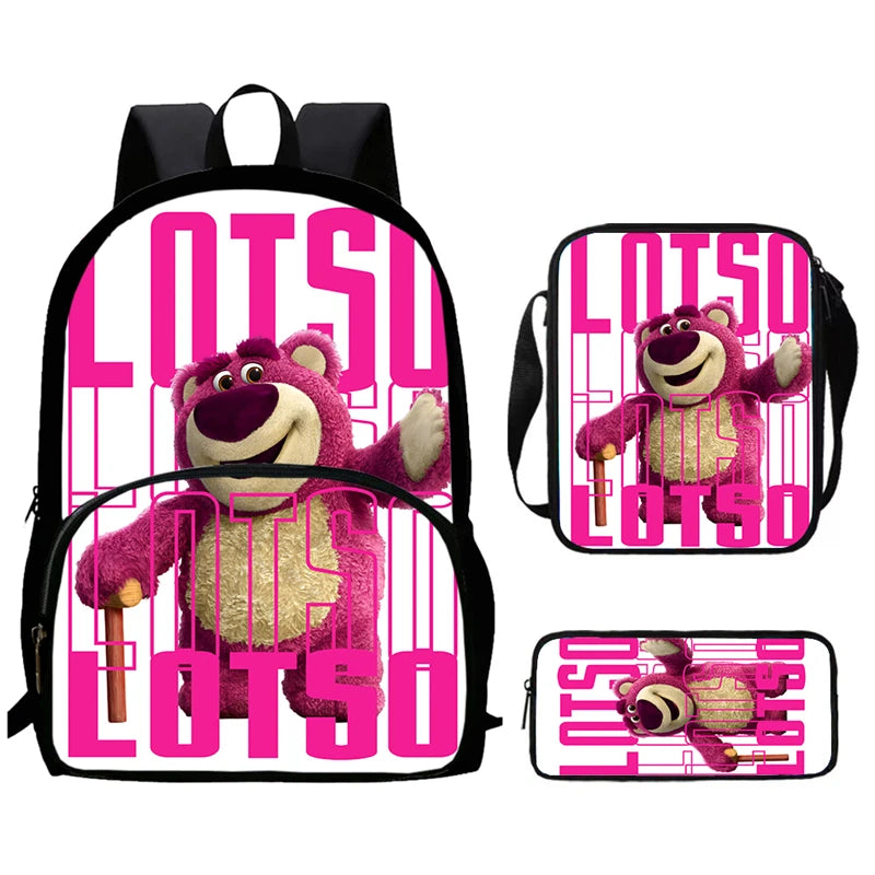 Child School Backpack with Front Pocket,Shoulder Bag,Pencil Bag for Aged 5-10,Cartoon Strawberry Bear School Bags for Boys Girls