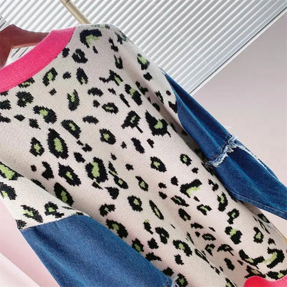 Joskaa Women Knitted Oversized Sweaters Y2k Denim Patchwork Leopard V-neck Long Sleeve Cardigans Coat Female Outwear Streetwear