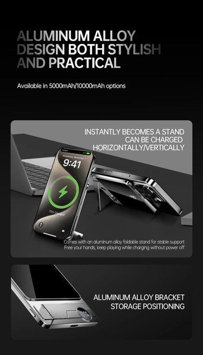 Portable Charger Powerbank With Cable PD20W Power Bank Wireless 15W With Phone Holder LED Display Mobile Phone Backup Battery