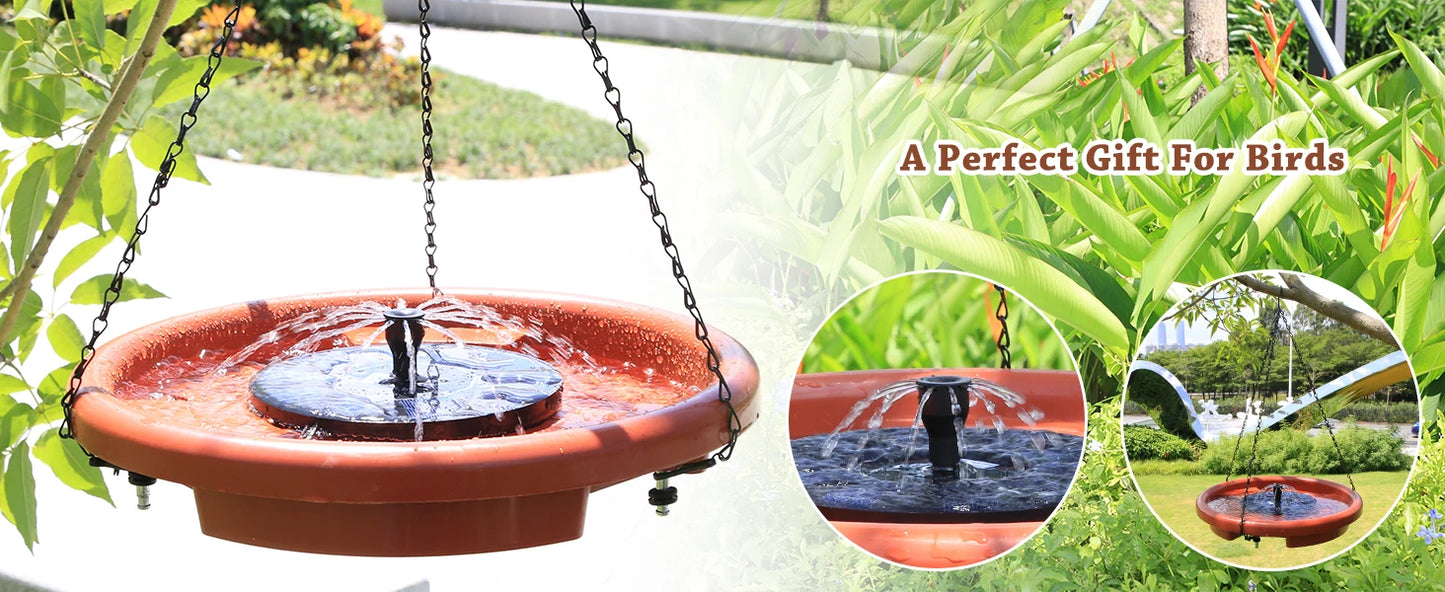 12 Inch Bird feeder Hanging Bird Bath with fountain Outdoor Bird Drinking Bird Tray with Hook and Chain for Garden Yard Patio