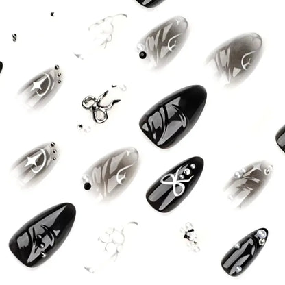 24Pcs False Nails Spicy Girl Silver Bow with Diamond Fake Nails with Glue Almond Press on Nails Black Cool Y2k Almond Nail Set