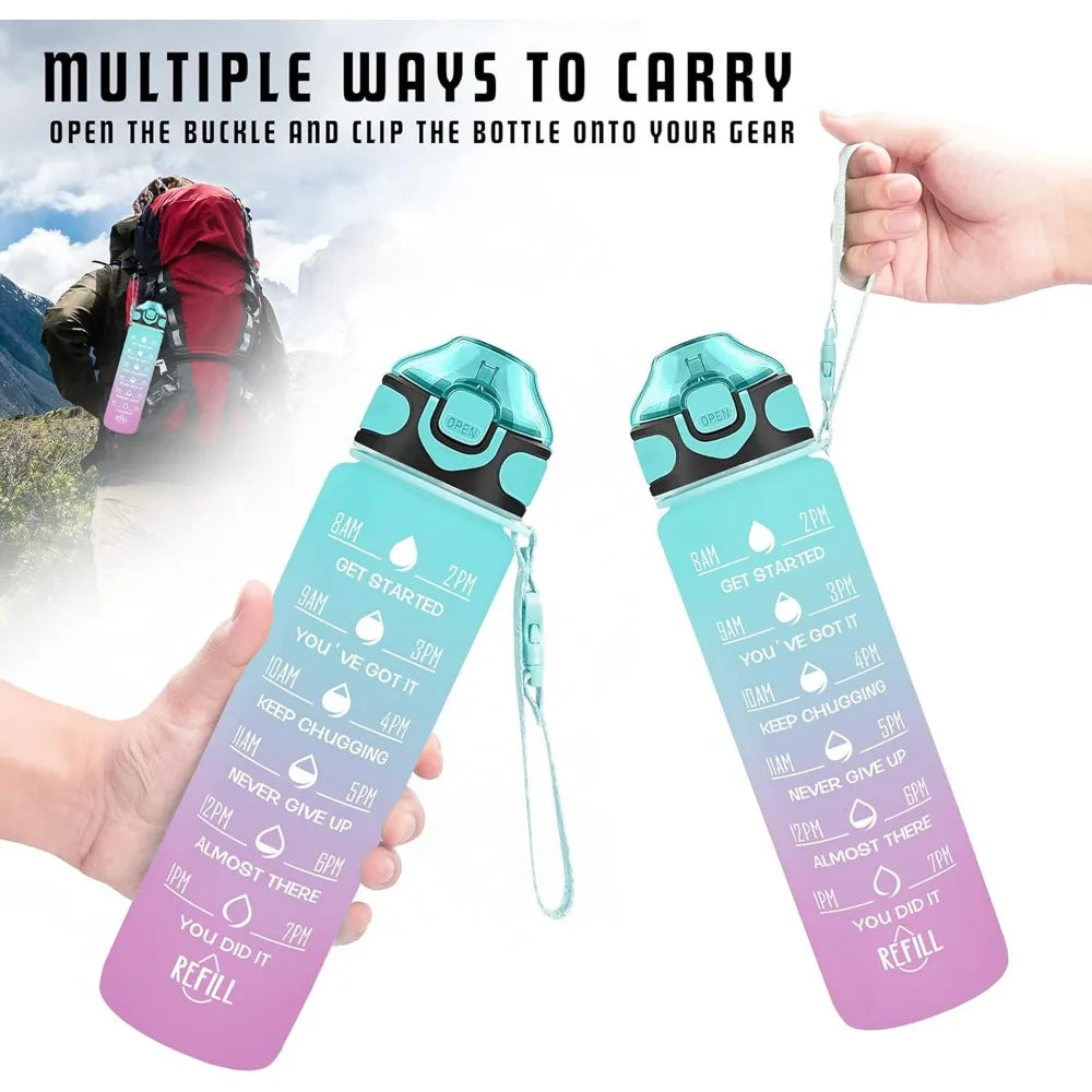 32 oz Drinking Water Bottle with Times to Drink and Straw, Motivational with Carrying Strap, Leakproof BPA & Toxic Free