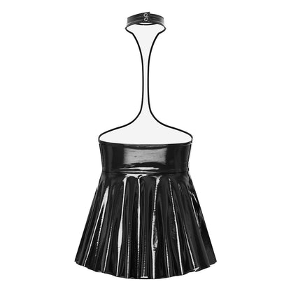Womens Patent Leather Halter Latex Dress Wet Look Bare Breast Exposing Patent Leather Open Chest Halter Ruffled Latex Dresses