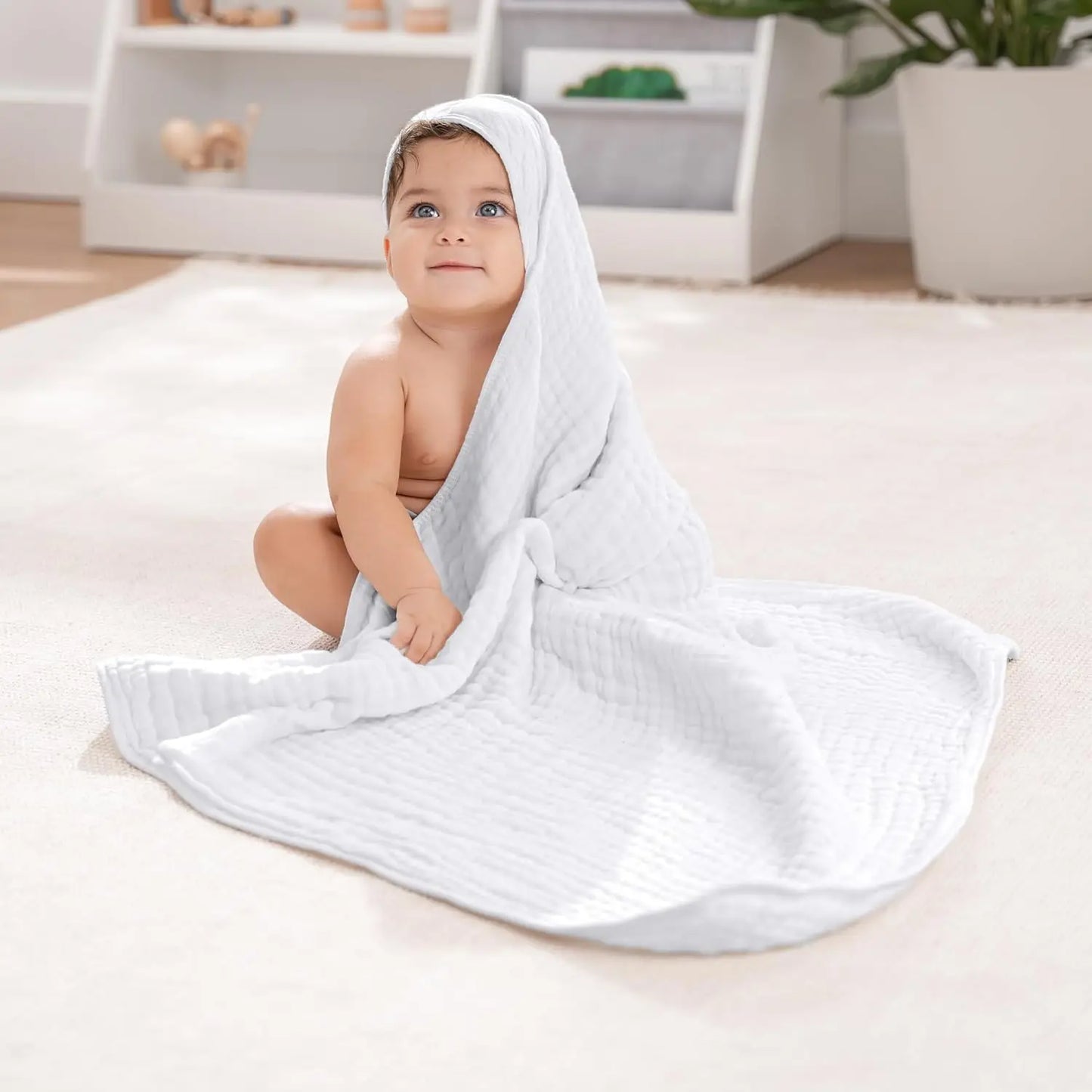 Baby Towels for Newborn 100% Muslin Cotton Baby Bath Towel with Hood for Babies, Infant, Toddler and Kids, Large 32x32Inch