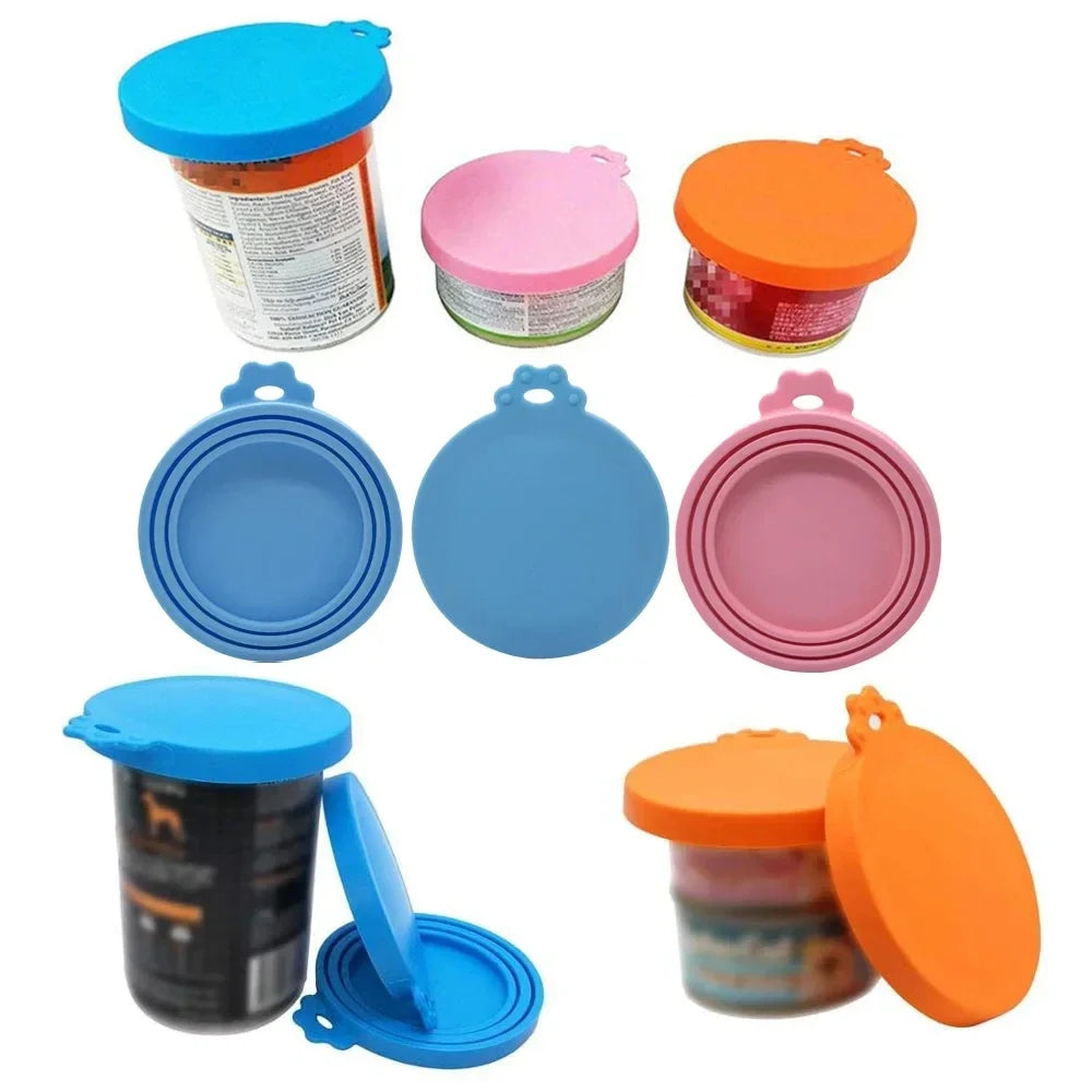 2sets Random Color Silicone Pet Can Lid Reusable Food Storage Keep Fresh Tin Cover Cats Dogs Food Health Supplies Lid and spoon