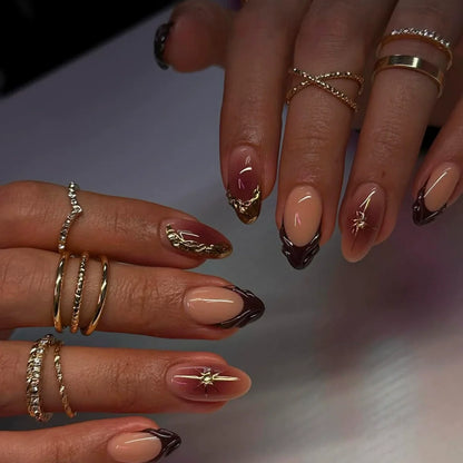 24pcs Golden Almond Press on Nails Simple False Nails Wearable Stick-on Nail Fake Nails Uñas Postizas Mujer Накладные Ногти 네일팁