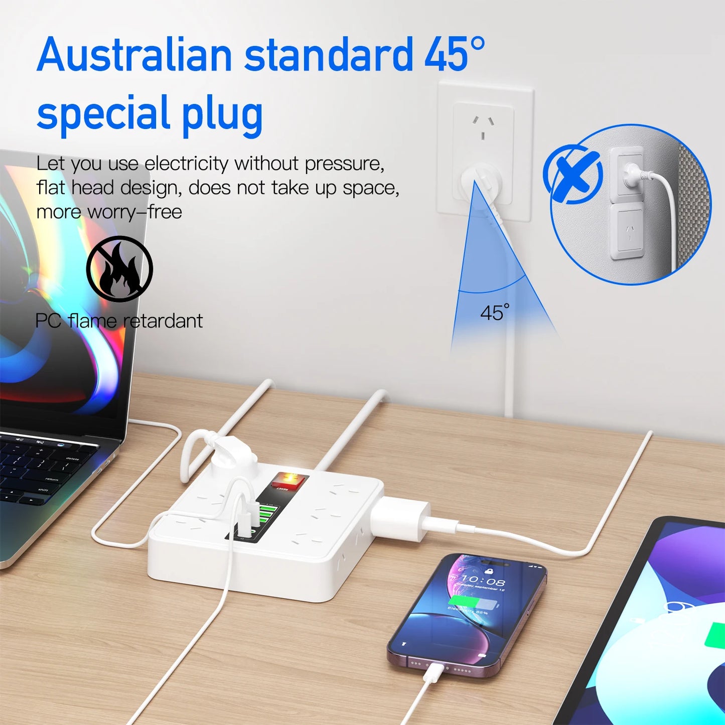 Australian plug power board 6/12 power sockets 6 USB (3A+3C) smart charging overload protection switch 1.8M extension cable
