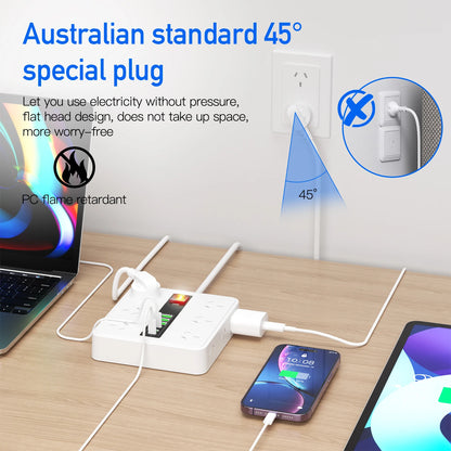 Australian plug power board 6/12 power sockets 6 USB (3A+3C) smart charging overload protection switch 1.8M extension cable