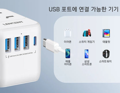 LENCENT Universal Travel Adapter with 3 USB Ports 1Type-C PD Charging All-in-one Travel Adapter EU/UK/USA/AUS Plug for Travel