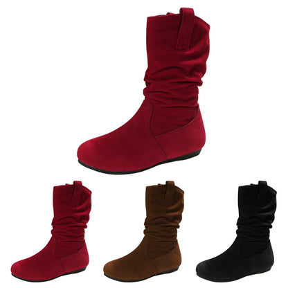 Womens Heel Boots Mid Calf Ladies Fashion Solid Colour Simple Round Toe Suede Flat Bottom Sleeve Cowboy Boots Women with Crosses