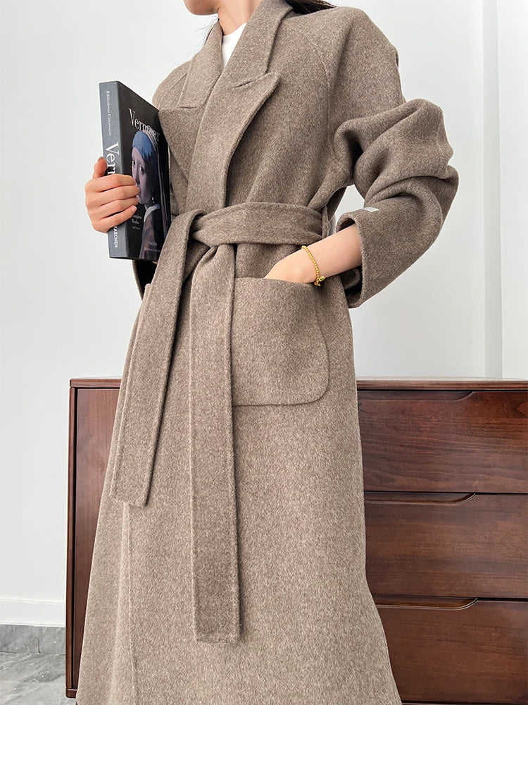 Office Lady Woolen Jackets 2024 Autumn And Winter Bathrobe Style Pocket Double-Sided Loose Lace -Up Tie Women's Long Wool Coats