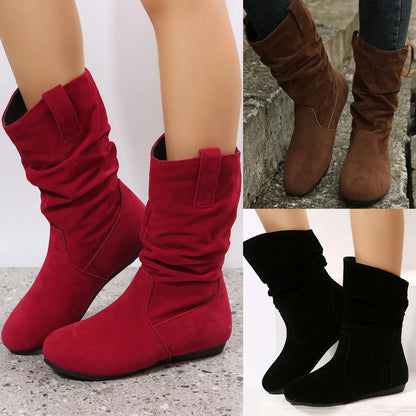 Womens Heel Boots Mid Calf Ladies Fashion Solid Colour Simple Round Toe Suede Flat Bottom Sleeve Cowboy Boots Women with Crosses