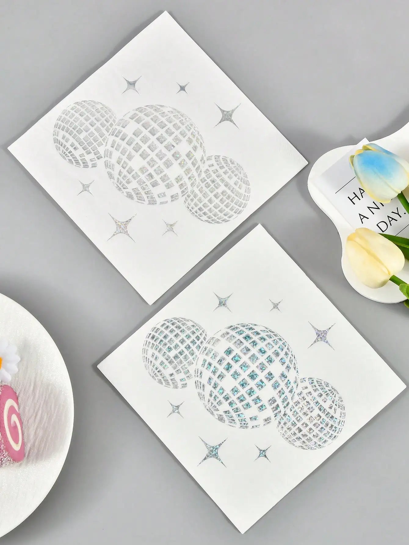20 disposable silver-printed disco party cocktail napkins, party tableware, birthday engagement graduation party decorations