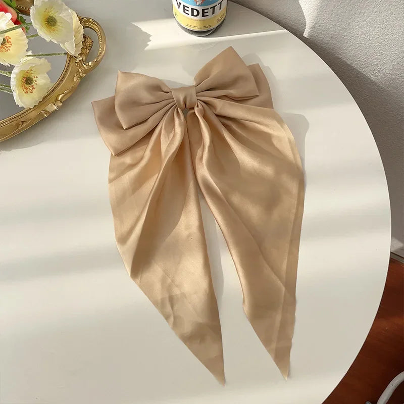 Korean Accessories Hair Clips for Women Girls Big Bowknot Solid Satin Long Ribbon Bows Spring Clamp Barette Cheveux Femme 2023