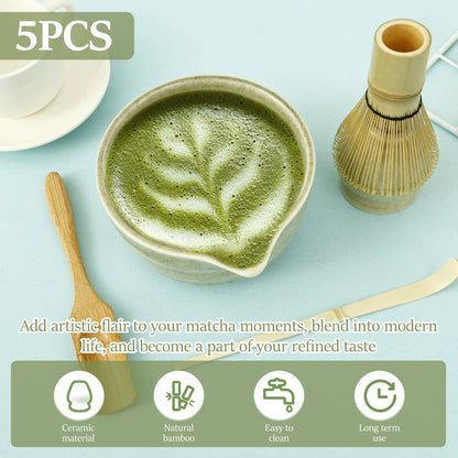5 Pcs Matcha Set Includes Matcha Bowl with Spout Matcha Whisk Holder Bamboo Matcha Whisk Spoon and Tea Scoop Complete Japanese