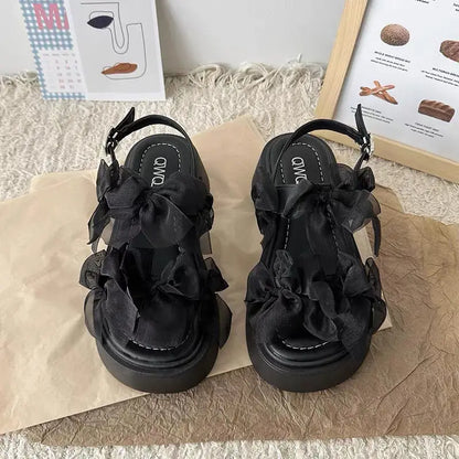 Women's Layered Bow Platform Sandals - Thick Cushioned Sole with Adjustable Ankle Buckle for Summer Casual Wear