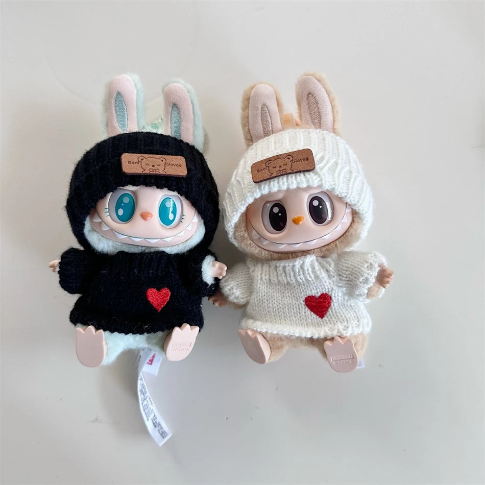 Cute Labubu Bunny Doll Accessories with Knitted Clothes Rabbit Ears Hat Heart Sweater for Toy Collectors Labubu Clothes