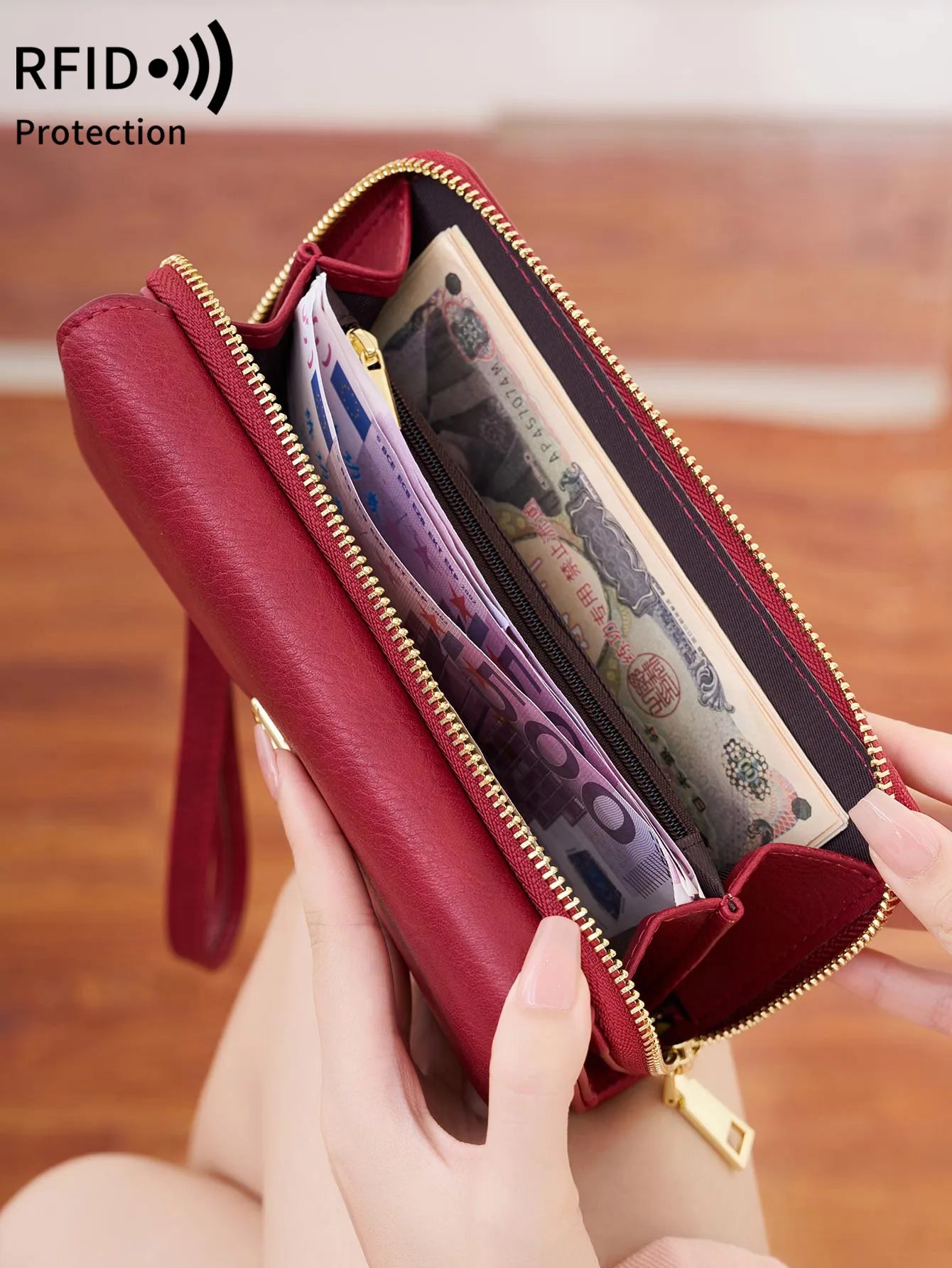 RFID Blocking Women's Wallet Large Capacity Credit Card Holder Clutch Bag Trifold Large Capacity Zipper Long Wallet Coin Purse