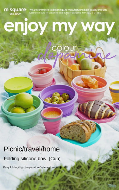 Silicone Bowl Foldable with Lid Camping Baby Travel Portable Round Large Food Container Heat Resistant Salad Bowl
