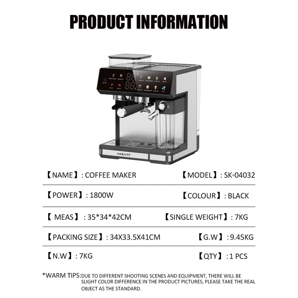 Espresso and Cappuccino Coffee Machine - 20 Bar Double Boiler Latte Coffee Maker, 4 in 1 Multifunction with LED Touch Controls