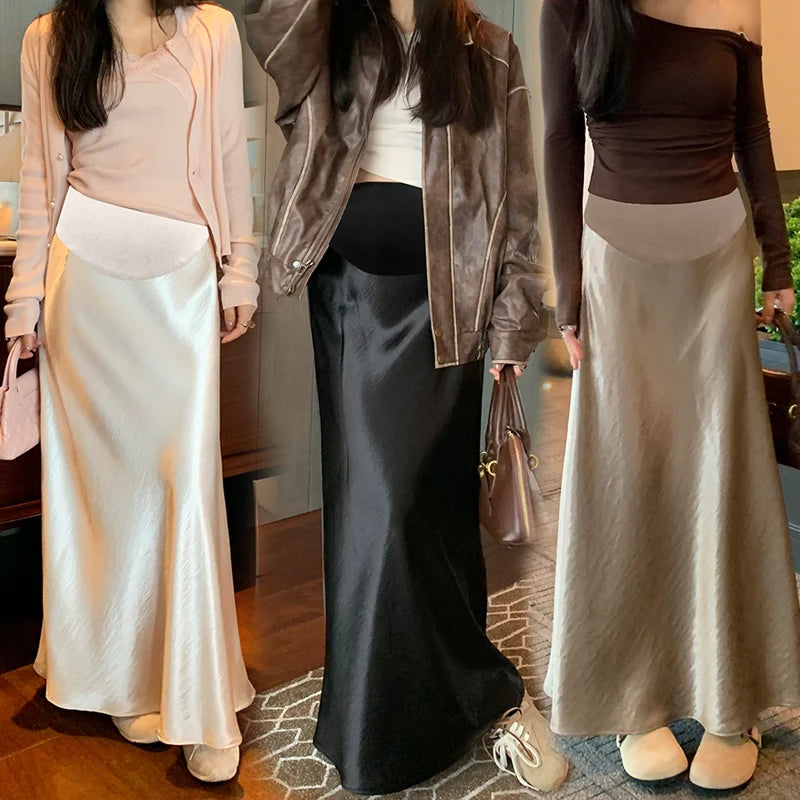 Maternity 2025 New Early Spring Vinegar Satin Covers Strap Slim A-line Long Skirt High Waist Drooping Fish Tail Youth Pregnancy