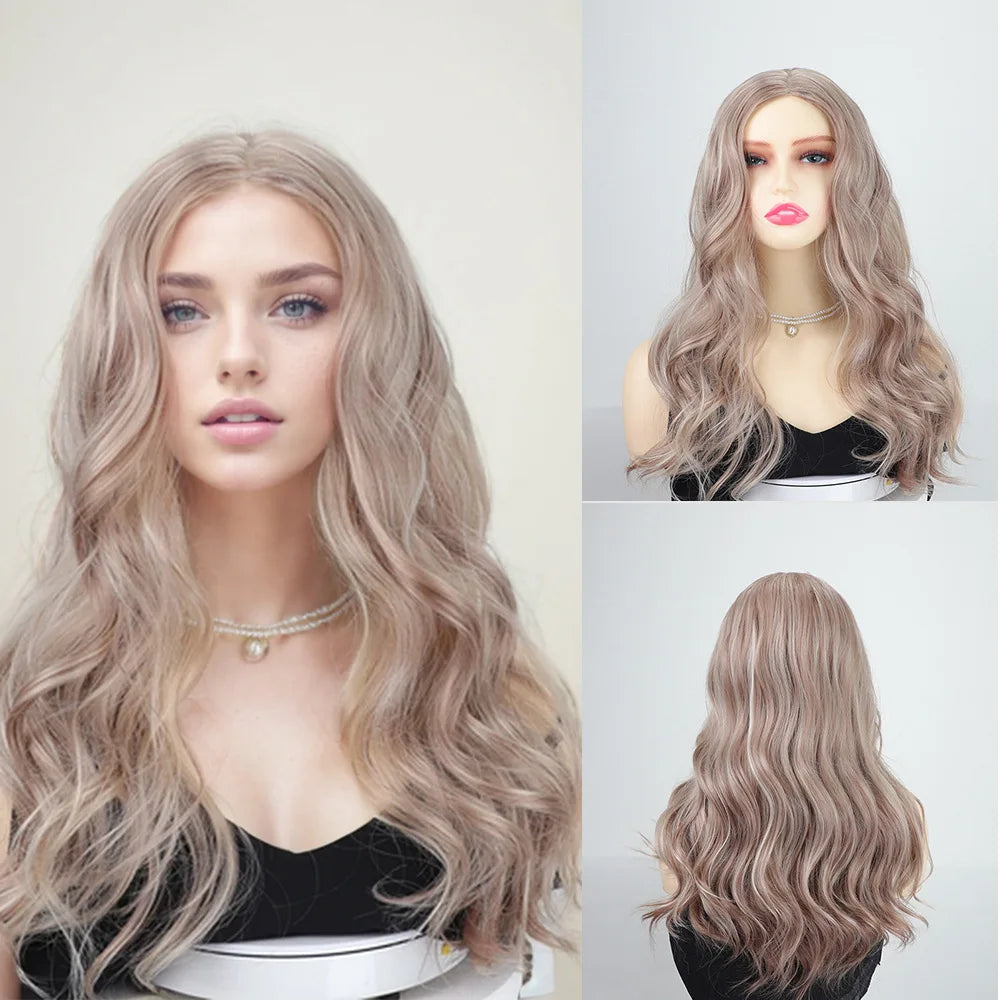 26-inch (about 70 cm) long synthetic hair, dark brown, rose gold, light brown, middle-part curly hair, daily wear, party,