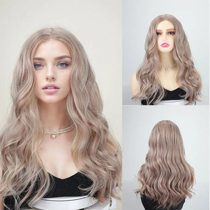 26-inch (about 70 cm) long synthetic hair, dark brown, rose gold, light brown, middle-part curly hair, daily wear, party,