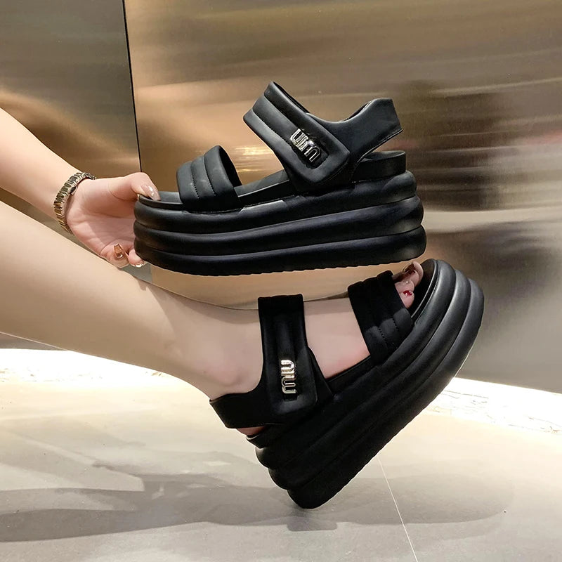 2025 Summer Women Chunky Sandals Leather High Platform Trainers Breathable Casual Slippers Shoes Woman 8.5CM Heels Wedge Sneaker