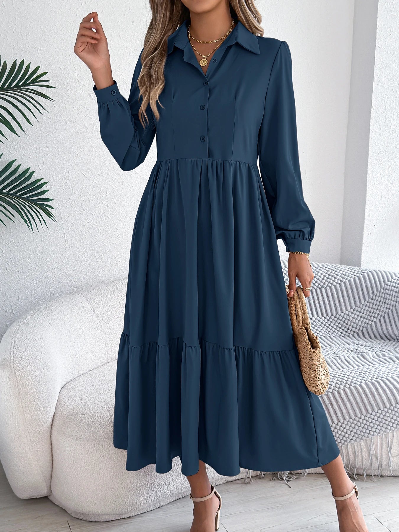 Casual Vacation Long Sleeved Turn-down Collar Single-Breasted Dress Spring Autumn Fashion Women's Clothing