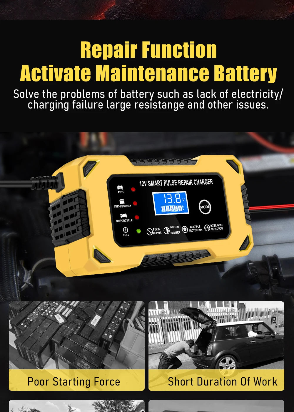 Car Battery Charger, 12V 6A Automatic Intelligent Storage Battery Maintainer Trickle Charger Suitable for Cars, Trucks, Suvs, Mo