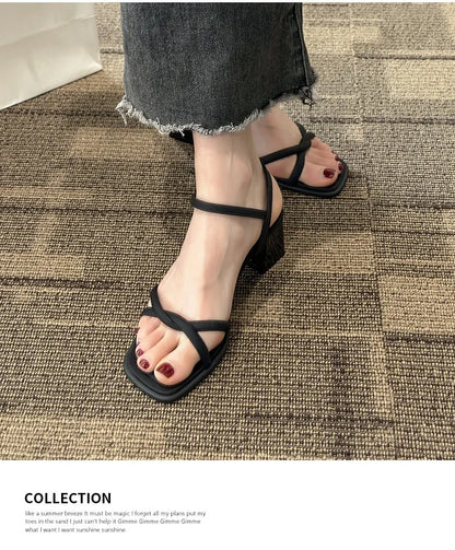 Sandals, 2024 Summer New Fashion Gentle Retro Chunky Non-slip Sandals, A Line with 5cm High Heels Summer Beach Sandals